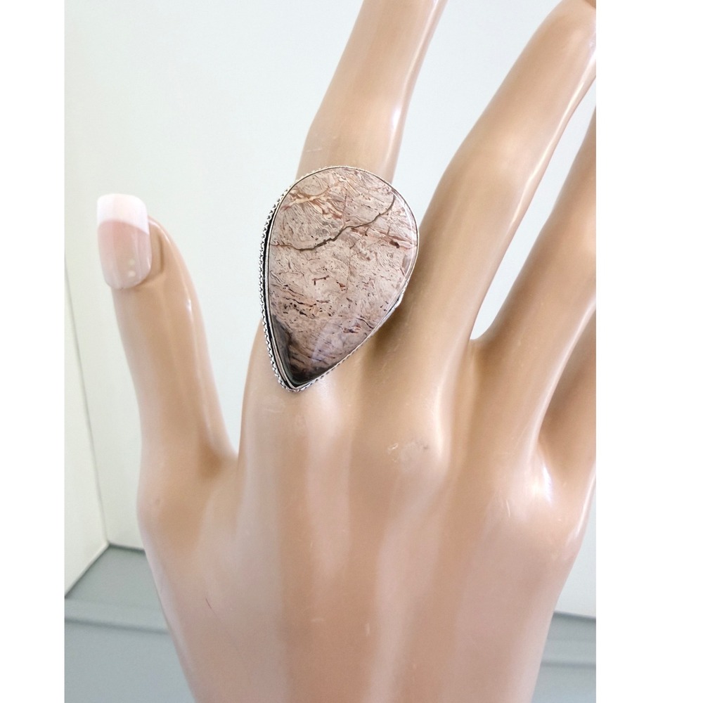 Hand Crafted Picture Jasper Ring Womens Size 7.5 Tan New Silver Plated Teardrop